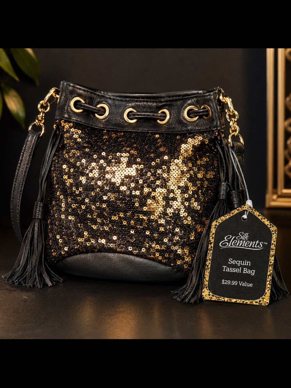 NWT Silk Elements Black Gold Sequin Tassel Crossbody Evening Bag Glam Boho